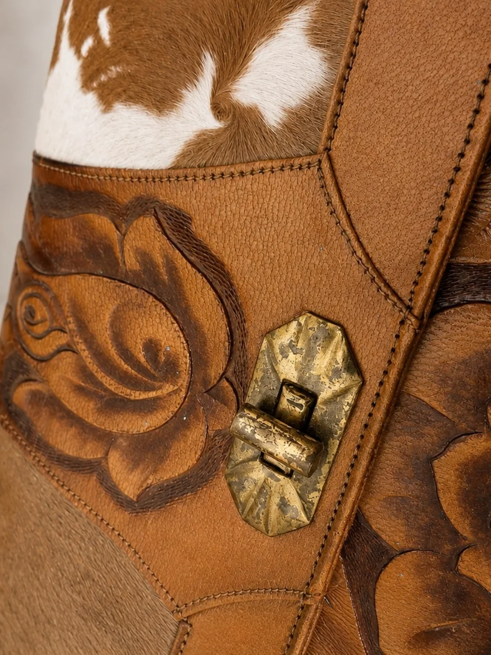 Vintage Handmade Real Calf Hair Leather Purse Bag Floral Mexico Boho Western